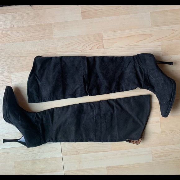Black Suede Heeled Thigh High Boots - Picture 1 of 3